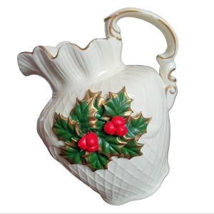 Vtg 1980's Crown Accents Pitcher Porcelain Gold Accents Holly Berries Christmas